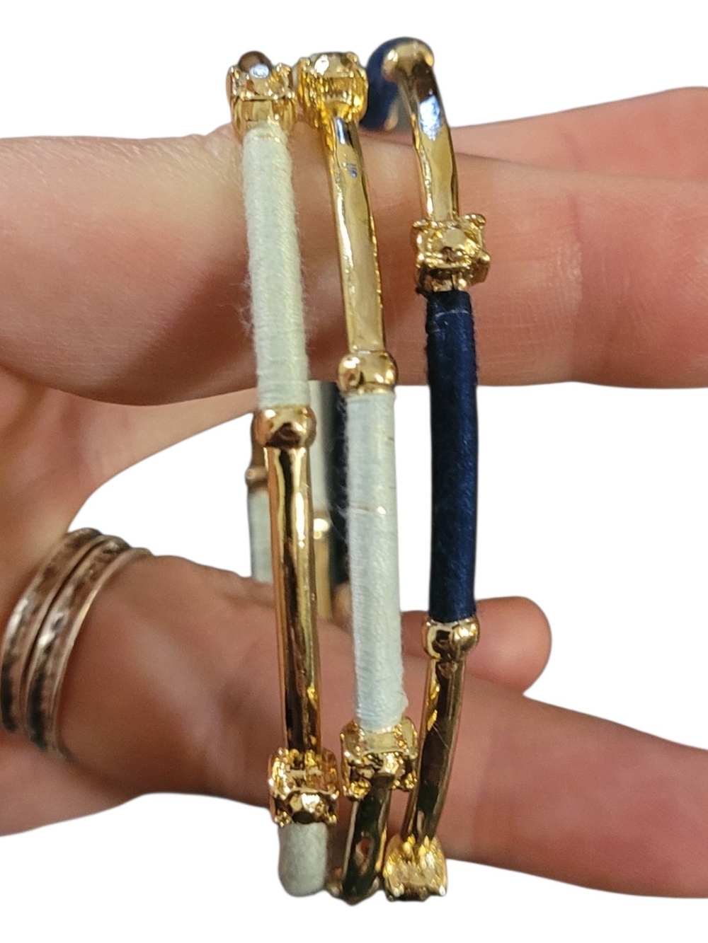 Gold-Accented Navy and White Wrapped Bangle Set - Women Jewelry